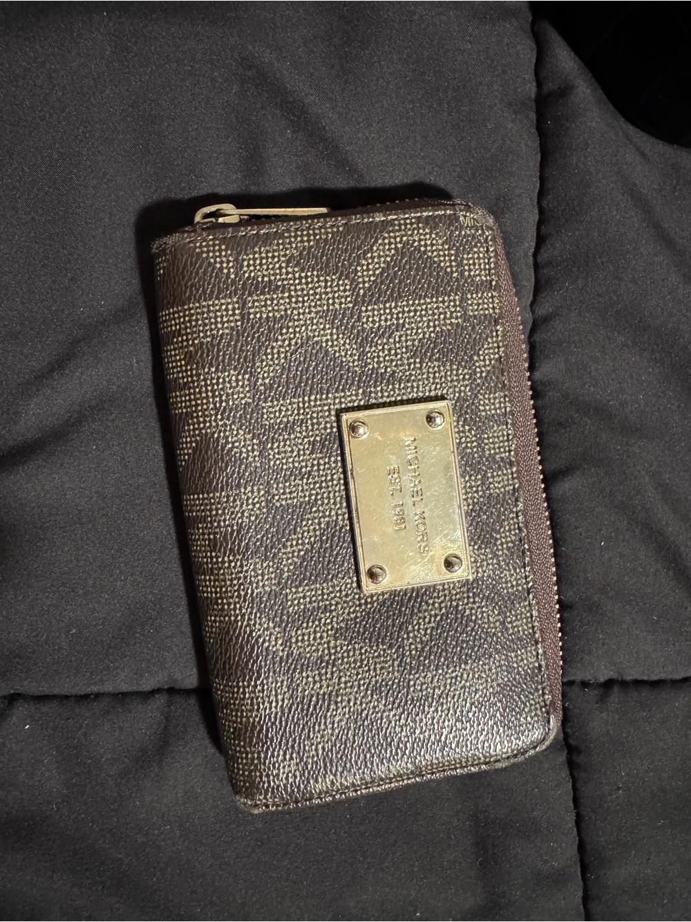 Michael Kors Brown Monogram Zip Around Card Case with Gold Plaque